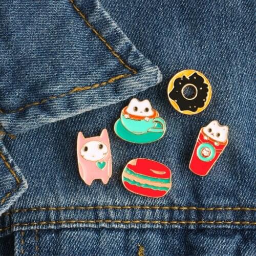Cute Cartoon Cat Brooches Coffee Tea Donut Burger Enamel Pin Creative Small Decoration Lapel Backpack Badge Jewelry For children