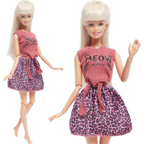 Newest Fashion Doll Clothes Red Leopard Mini Doll Dress for Barbie Doll Daily Casual Wear T-shirt Skirt Accessories Kids Toy