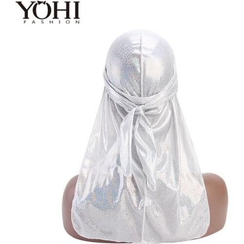2018 New Unisex fashion Shiny Durags Turban Bandanas Headwear Men Silk DuRag Doo Rag chemo cap silk long tail pirate hat