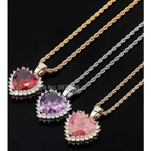 Big Heart Colourful Zircon Rhinestone Pendant Gold Plated Diamond Necklace For Men Women
