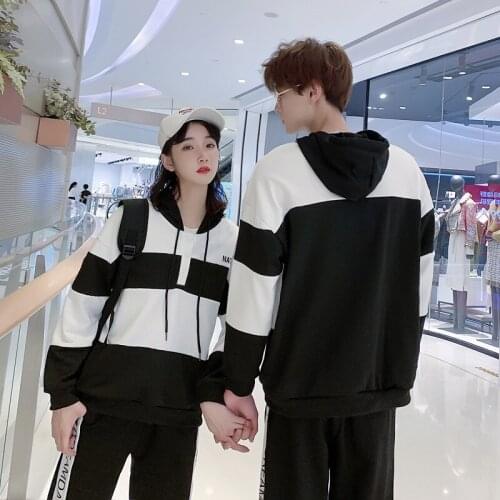 Matching Couple Clothes Lovers Valentines Days Loose Casual Loose Patchwork Female Male Couple Tees Hooded T Shirts