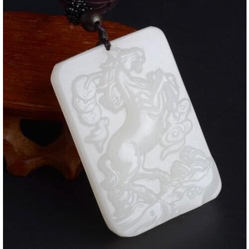 Natural White Hand-carved Chinese Hetian Jade Horse Pendant + Rope Necklace