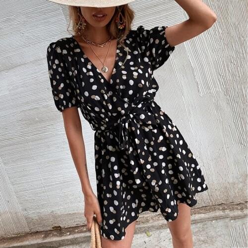 Foridol Polka Dot Wide Leg Casual Oversize Romper Playsuit Autumn Black Casual Overalls Sash V Neck Summer Short Jumpsuit