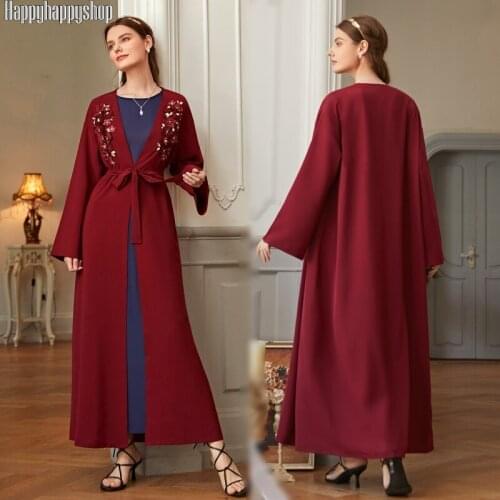 Handmade Flower Kaftan Abaya Dubai Kimono Cardigan Coat Islamic Muslim Long Dress for Women Party Gown with Belt