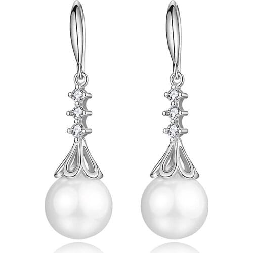 Pearl & Crystal Zircon Diamonds Gemstones Flower Dangle Drop Earrings for Women 18k White Gold Silver Color Jewelry Accessories