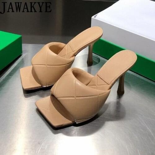 Summer Sexy Slippers for Women Square Open Toe High-heel Sandals Hot Sale Brand Mules Bread style Real leather Slippers mujer