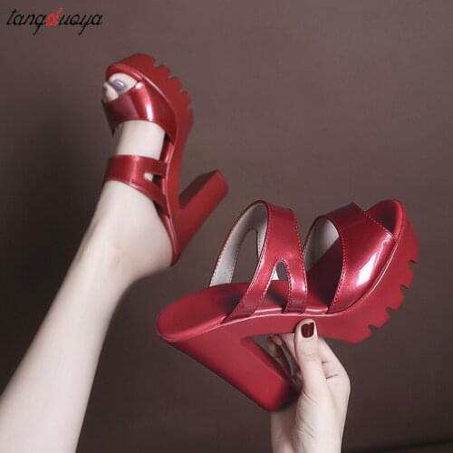 Block Square Heel Platform Slippers Women Office Shoes Summer 2021 Open Head High Heels Slides Ladies Slipper red black