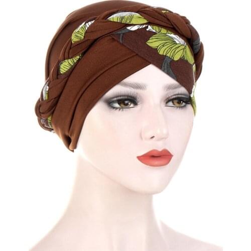 2021 Summer New Women Braid Turban Hat Flower Printed Cotton Headscarf Bonnet Forehead Cross African Muslim Hijabs Ready to wear