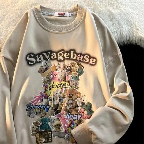 Punk Goth Vintage Cute Bears Print Sweatshirt Clothes for Teens Streetwear Oversized Casual O-neck Tops 2021 Autumn New Fashion