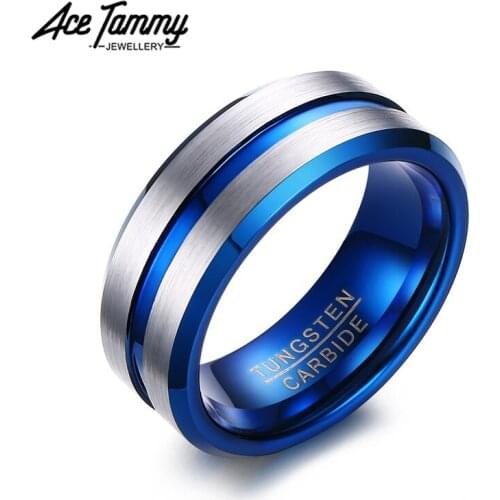 8mm Tungsten Ring Wedding Ring Beveled Edges Thin Blue Line Engagement Ring Simple Mens Jewelry