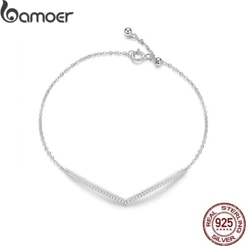 Bamoer V Shape Geometric Silver Bracelet Dazzling Clear CZ Chain Bracelets for Women 925 Sterling Silver Wedding Jewelry SCB137