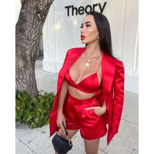 High Quality Autumn New Red Sexy Full Sleeves Cardigan Jacket Shorts Solid Color Two-piece Lady Suit 2020 Celebrity Fashion Part