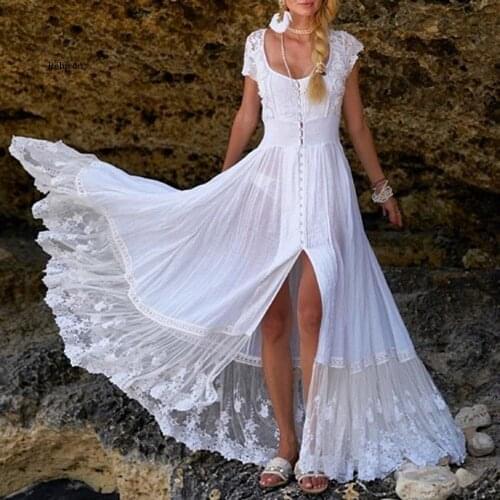Women Sexy Off Shoulder Hollow Out Bohemian Dress Fashion Pretty Lady Strapless Dress Floor-Length Sheath Lace Ruffles Dress