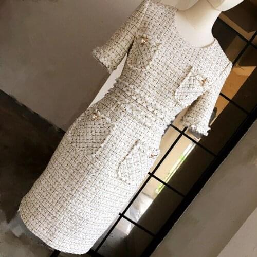 Chic womens elegant pencil dress 2019 autumn short sleeves tweed dress A569