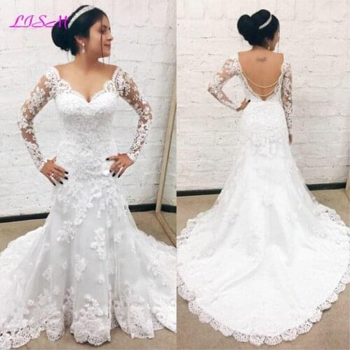 V-Neck Long Sleeves Lace Mermaid Wedding Dresses Sexy Backless Wedding Gowns Sweep Train Robe de Mariee