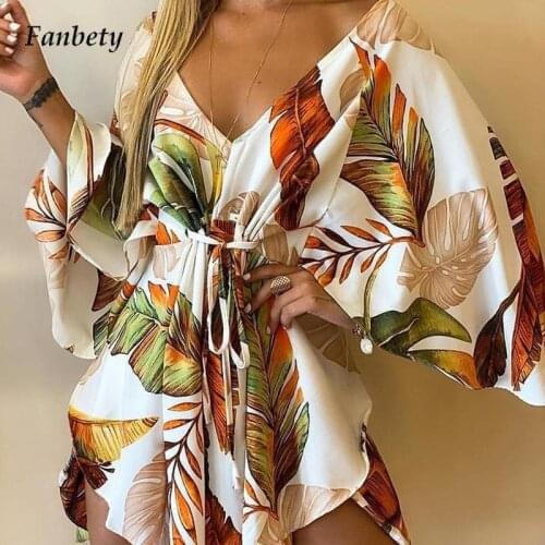 Elegant Leaf Leopard Print Harajuku Batwing Sleeve Dress Casual Lace-Up Waist Irregular Party Dress Women Sexy V-Neck Mini Dress