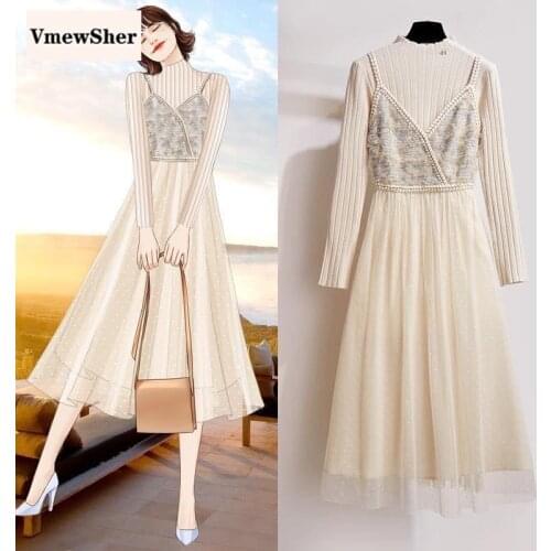 VmewSher Sweet Women Vintage Long Knit Dress Suit Turtleneck Knitting Gauze Slim Dress 2 Pcs Set Lady 2020 Autumn Winter Dress