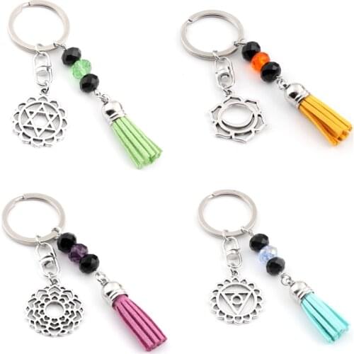 1Pc Tassel Lotus Chakra Pendant Keychain Women Bag Floating Charms Multicolor Beads Yoga Energy Key Rings E2376-E2382