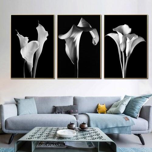White Flower On Black Background Modern Minimalist Wall Art Posters And Prints Nordic Home Decor Canvas Painting For Living Room