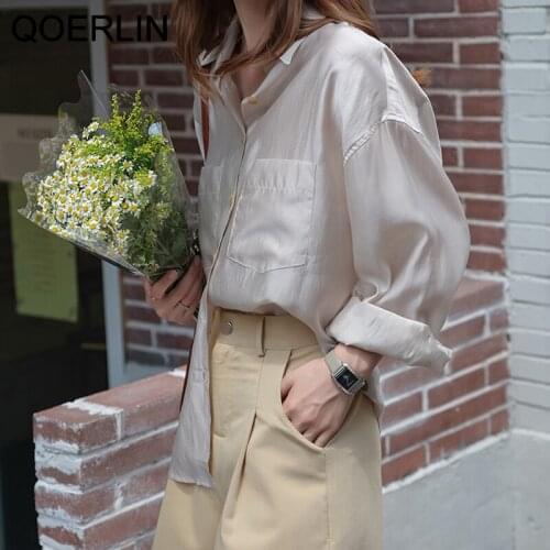 QOERLIN Champagne Blouse Women Turn-Down Collar Long Sleeve Button Up Shirts Female Loose Oversize Streetwear Pocket Top Stylish