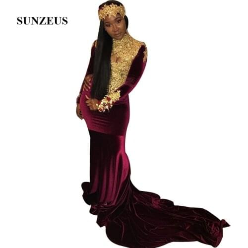 Burgundy And Gold Prom Dresses Beaded Appliques High Neck Long Sleeves Mermaid Party Gowns Vestidos Para Formatura