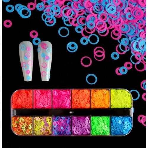 12 Grids Colorful Flourescent Nail Sequins Hollow Circle Sequins Neon Round Nail Art Glitter Flakes Butterfly 3D Slice Tips