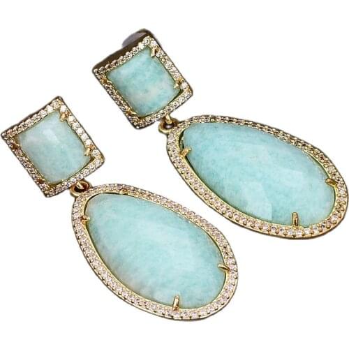 GG Jewelry Natural Faceted Amazonite Green Jade Druzy 18K Gold Plated CZ Dangle Stud Earrings