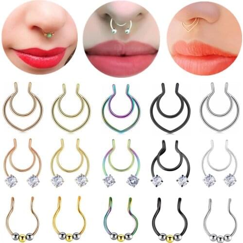 1PC Stainless Steel Zircon Fake Nose Ring Hoop U Shape Bead Nose Ring Fake Septum Piercing Crystal Faux Nose Hoop Piercing Nariz