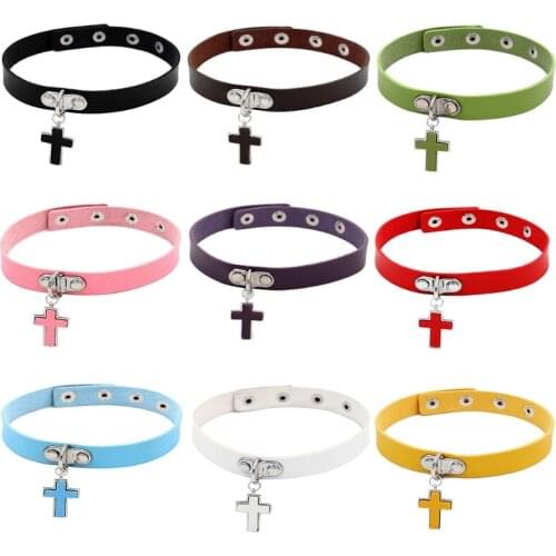 Punk Collar Choker Necklace The Cross Pendant Leather Necklace for Men Women Gift