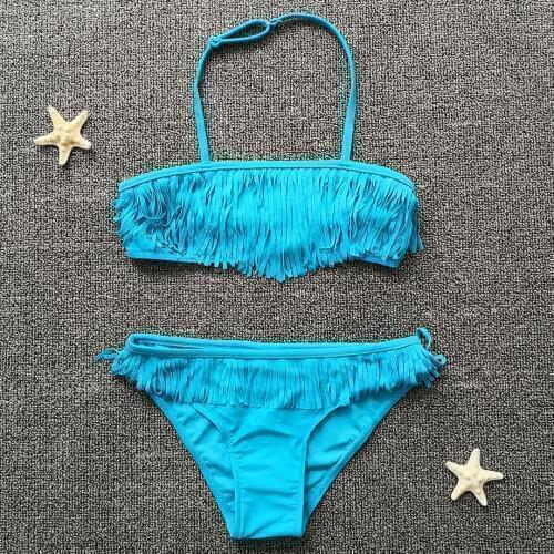 7-16 Years Girl Swimsuit Kids Fringe Tassel Teenager Bikini Solid Two Piece Children Swimwear Child Girl Swim Wear Bathing Suit