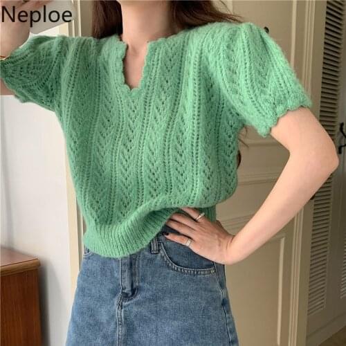 Neploe Summer Cropped Sweater Shirts Women V Neck Puff Sleeve Tshirts Woman Tees Tops Hollow Out Pullover Shirts 2021 Korean