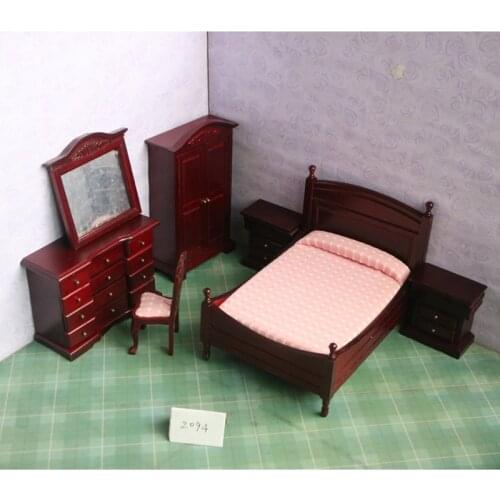 1:12 Dollhouse Miniature wooden bed chair simulation brown bedroom sets furniture for dolls pretend play toys for girls gifts