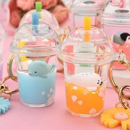 Creative Acrylic Milk Bottle Tortoise Penguin Keychain Simulation Cup Liquid Quicksand Key Chain Women Couple Bag Charm Keyring