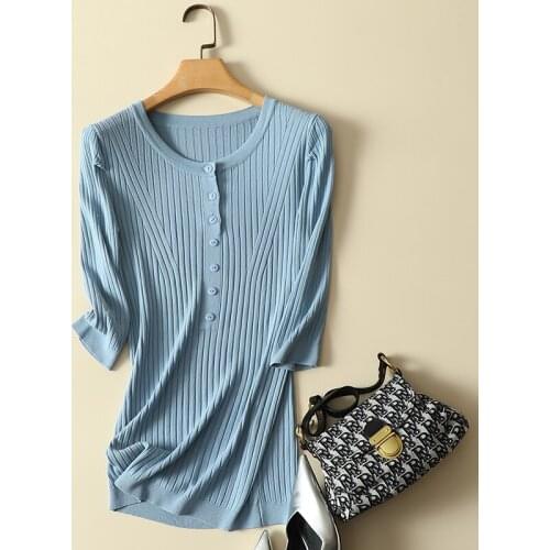 Solid Button Knitted Women T-Shirts Summer New 2021 O-Neck Elastic Elegant Office Lady Outwear Tops Tees