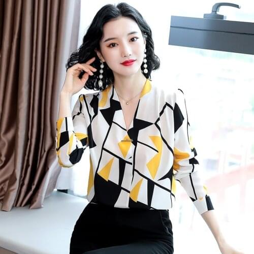 Autumn Women Shirts V-neck Print Shirt Women Long Sleeve Silk Top Blusa Womens Tops and Blouses Plus Size