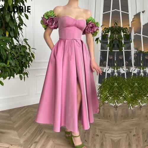 LORIE Pink Prom Dresses with Handmade Flowers A-Line Cap Sleeves Satin Short Wedding Party Gown With Pockets Evening Dress