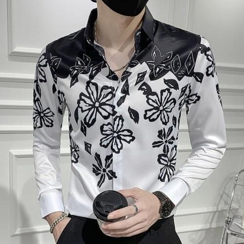 Black White Flower Patchwork Print Shirt Men Camisa Slim Fit Masculina Social Formal Shirt For Men Korean Prom Club Outfit Shirt