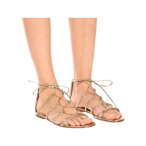 Women summer sandals fashion Strappy sexy gold leather retro flat lace up woman shoes casual beach ladies plus size sandals