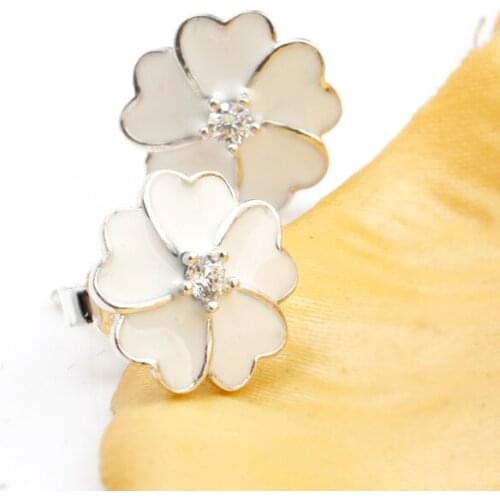 925 Sterling Silver Primrose Flower Stud Earrings White Enamel Compatible with Clear CZ Jewelry Women Gift