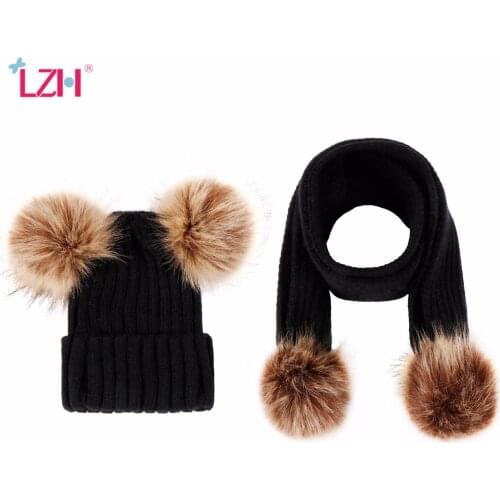 2 Pieces Set Girls Boys Cute Winter Kids Baby Hats Keep Warm Set Children Knit Wool Fur Double Ball Hat Crochet Cap Scarf Set