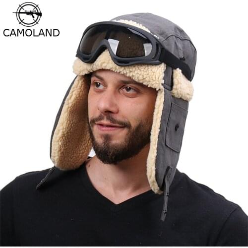 CAMOLAND Thermal Faux Berber Fleece Bomber Hat For Women Men Russia Ushanka Hat With Goggles Winter Warm Earflap Snow Caps