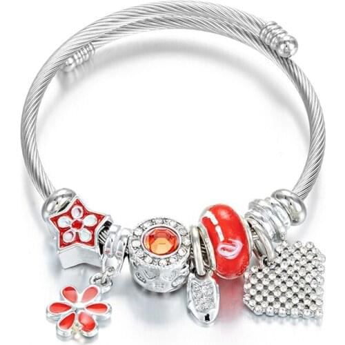 Vintage Stainless Steel Silver Bracelets & Bangle For Women Fashion Flower Crystal Heart Pendant Bangle DIY Accessories Gift