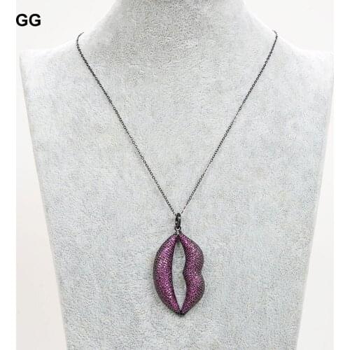 GuaiGuai Jewelry 30x55mm Gunmetal Color Plated Cz Pave Lip Pendant Chain Necklace
