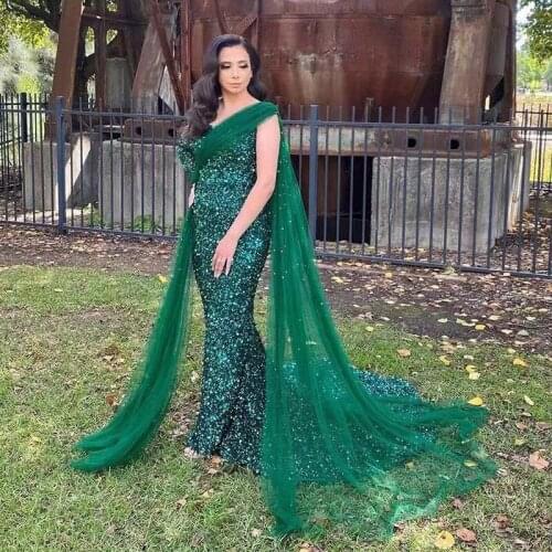 Green One Sleeve With Cape Evening Dresses Mermaid Sequine Prom Gown Sweep Train Special Occasion Party Skirts