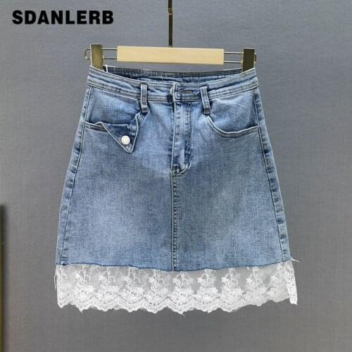 Denim Mini Skirt for Women 2021 Summer Faldas Mujer New Stretchy High Waist Short Skirt Slimming Lace Stitching Hip Skirt