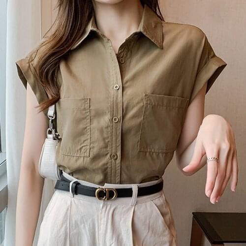 Office Lady Blusa Faminina Women Tops Pockets White Female Summer 2021 Short Sleeve Thin Loose Vintage Solid Women Shirt 665B