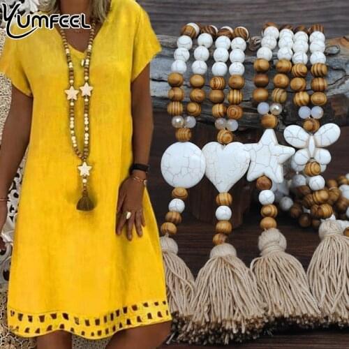 Yumfeel New Bohemian Necklace Handmade Stones Tassels Wood Beads Necklace Long Women Jewelry Gifts