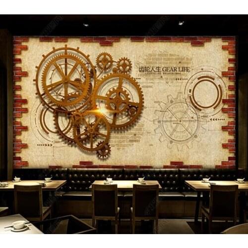 Papel de parde Vintage brick wall gear bar coffee shop background 3d wallpaper mural, living room kitchen wall papers home decor