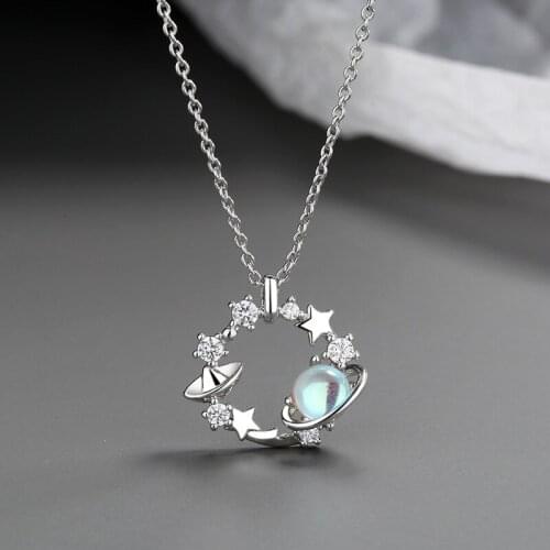 925 Sterling Silver Link Chain Opal Star Planet Charm Necklace Pendant Christmas Jewelry For Women Choker dz182
