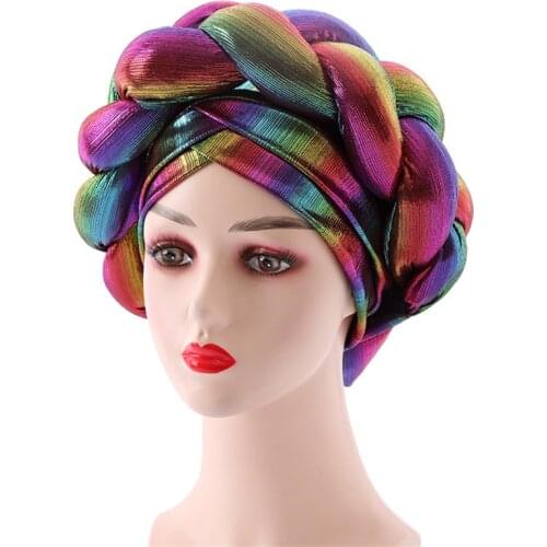 African Autogele Braids Womens Turban Hat Muslim Headscarf Bonnet Wedding Party Headwear Turbante Mujer Female Head Wraps